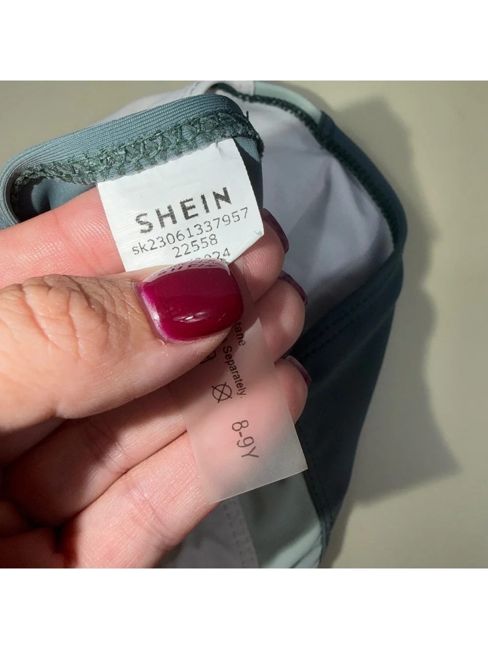 SHEIN Girls Size 8-9 Two Piece Swimsuit Gray Mint White Zip Front Colorblock